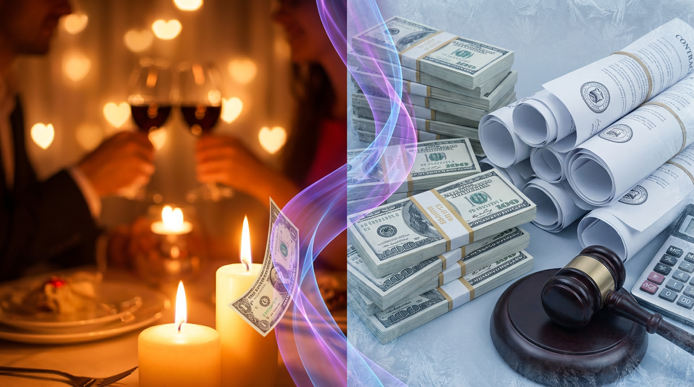 Split visualization showing romantic dinner morphing into stacks of money and legal documents - the hidden costs of modern dating