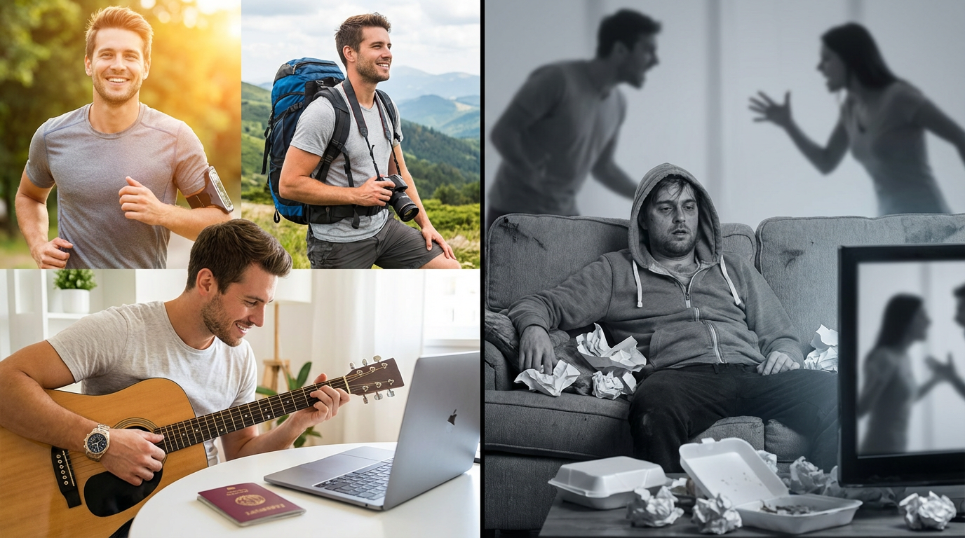 Split screen showing vibrant single man enjoying hobbies versus muted scene of compromised married life - the freedom versus compromise contrast