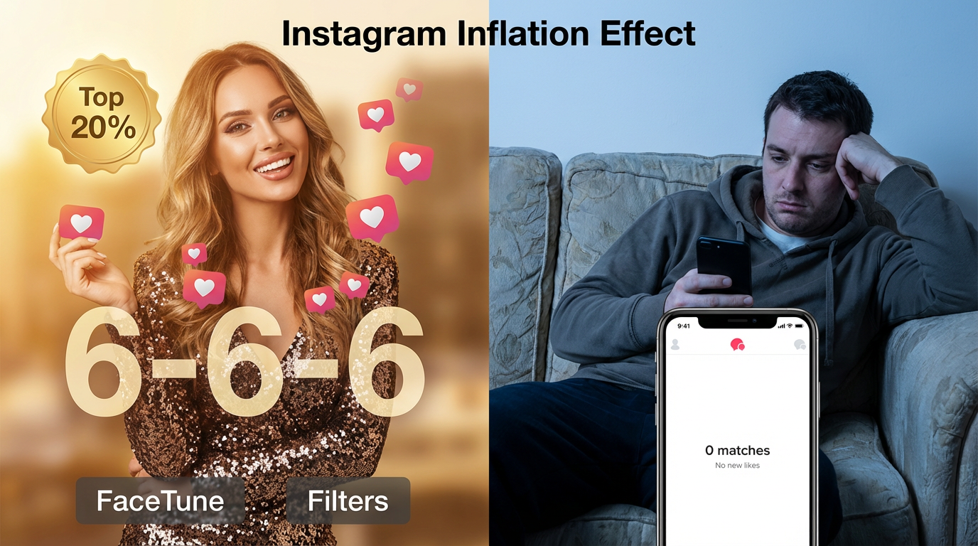 Split screen showing filtered Instagram woman with likes versus dejected man with zero matches - the Instagram inflation effect on dating