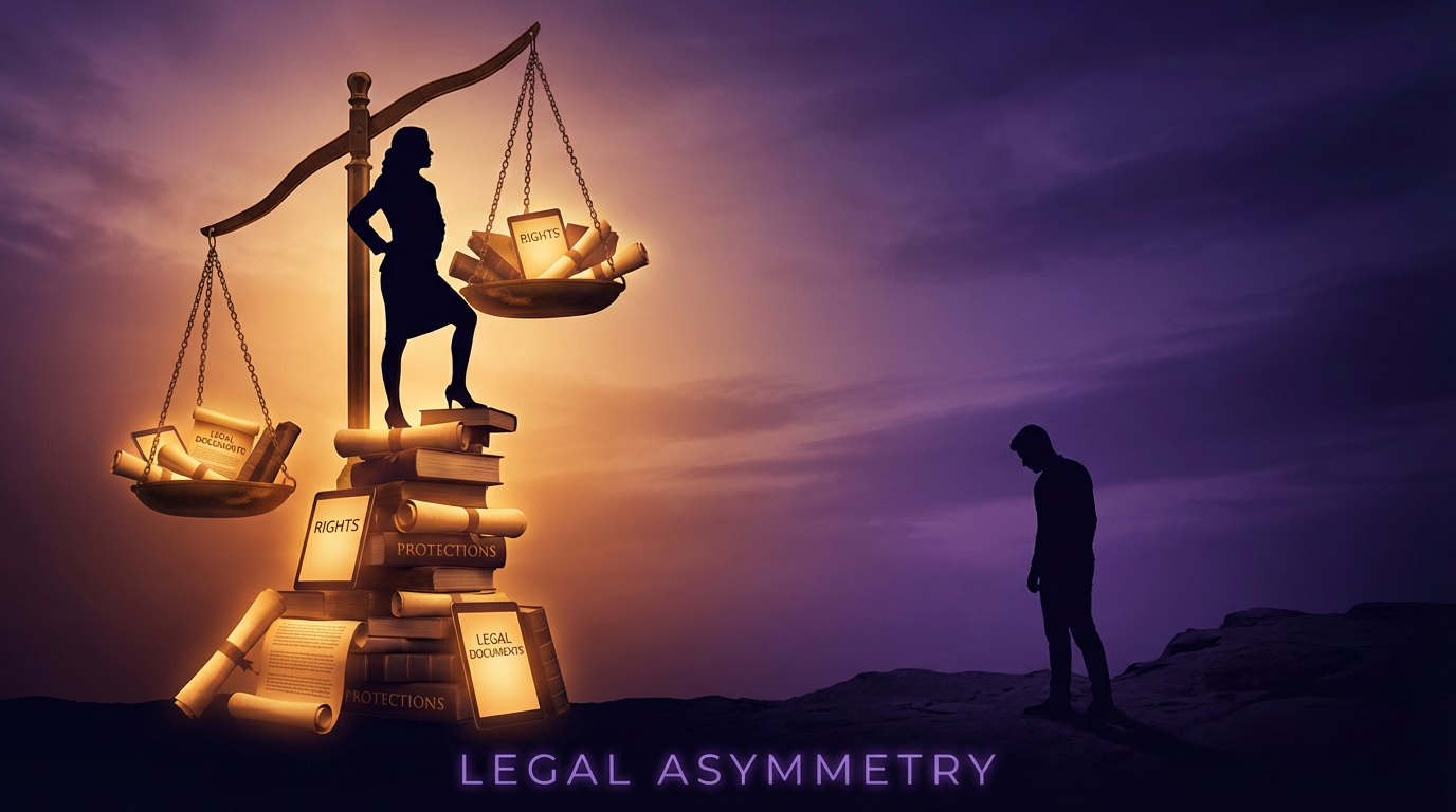 Silhouettes showing woman on pedestal of legal protections in light versus man in shadows - representing legal asymmetry between genders