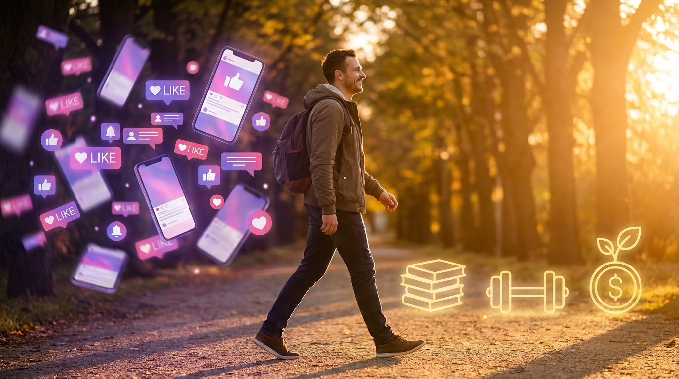Man confidently walking away from social media chaos toward golden light of self-improvement and freedom