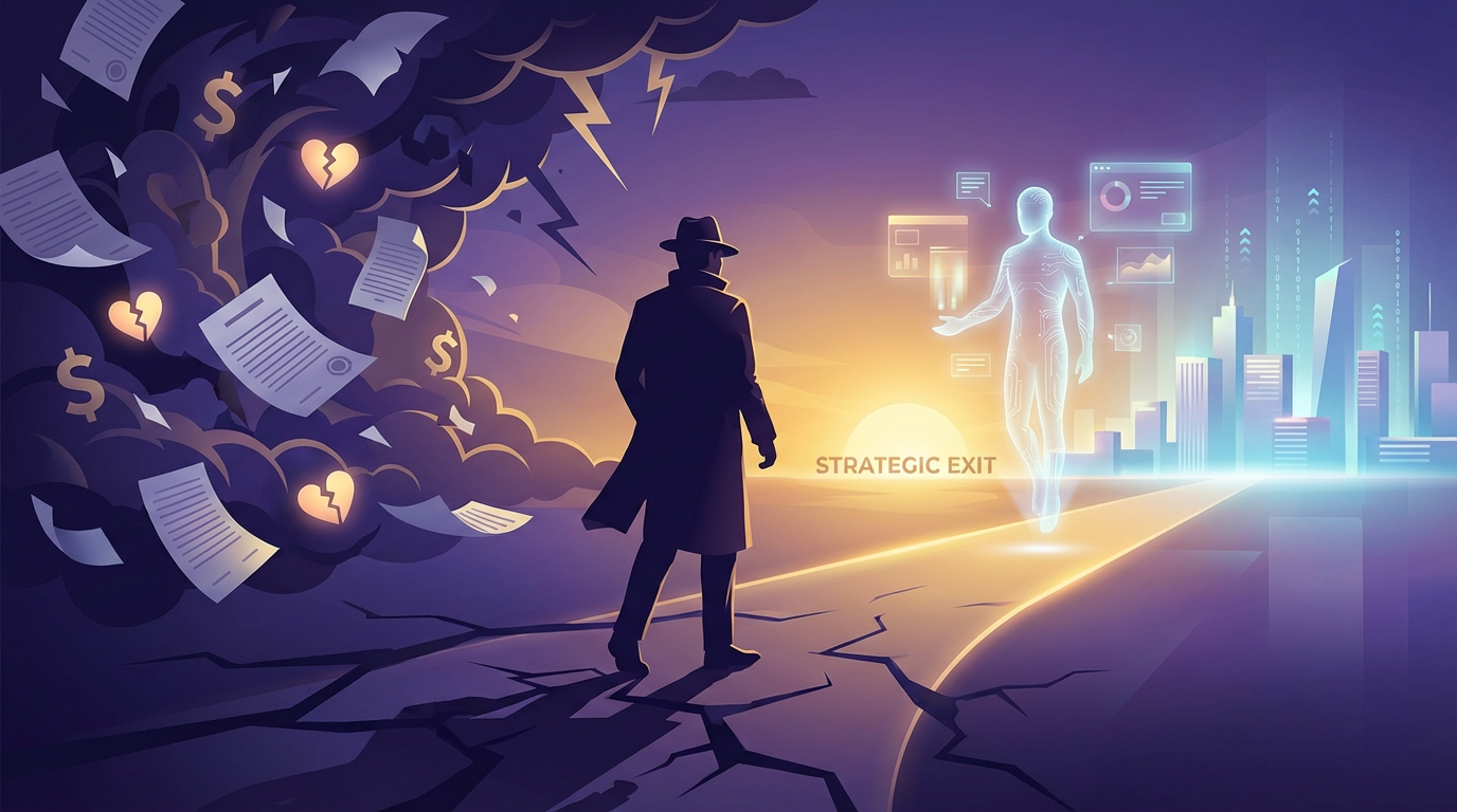 Man walking away from chaotic legal minefield toward peaceful horizon with AI technology elements - representing strategic exit from dating dangers