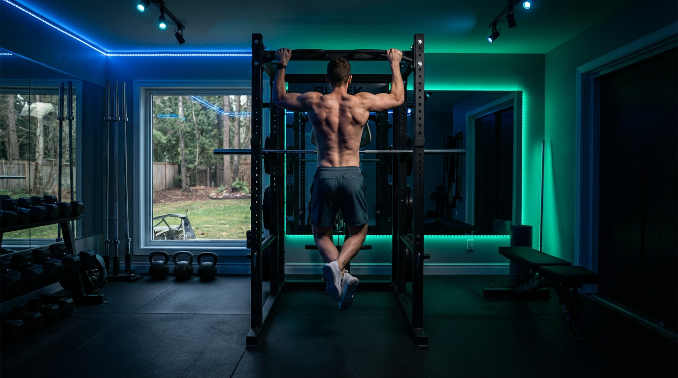 Solo fitness practitioner in home gym