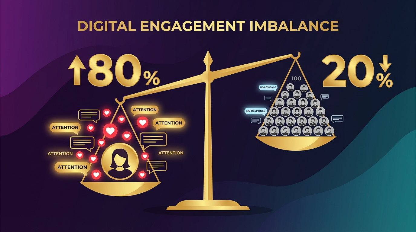 Unbalanced scales showing the 80/20 dating inequality - one woman receiving attention from multiple men