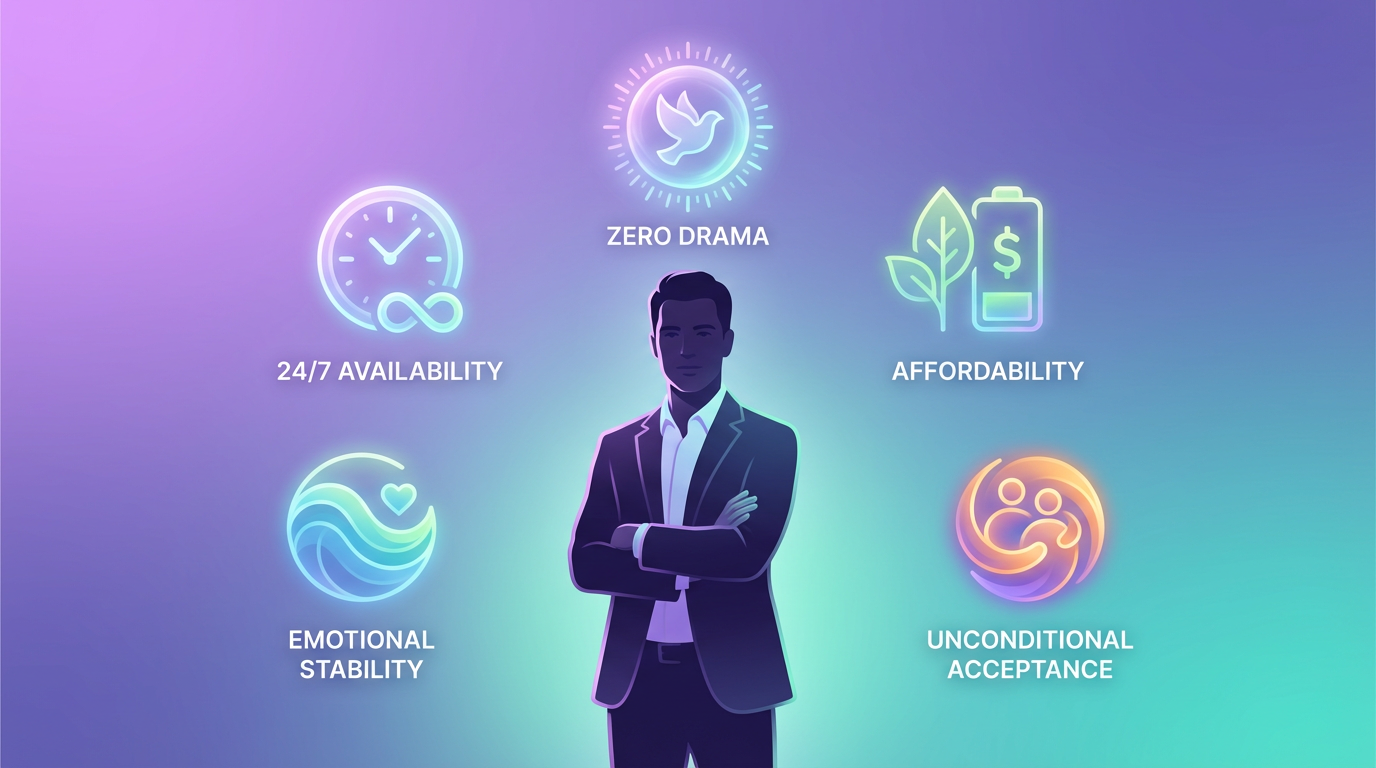 Futuristic visualization of AI girlfriend advantages showing benefits like 24/7 availability, emotional stability, and unconditional acceptance