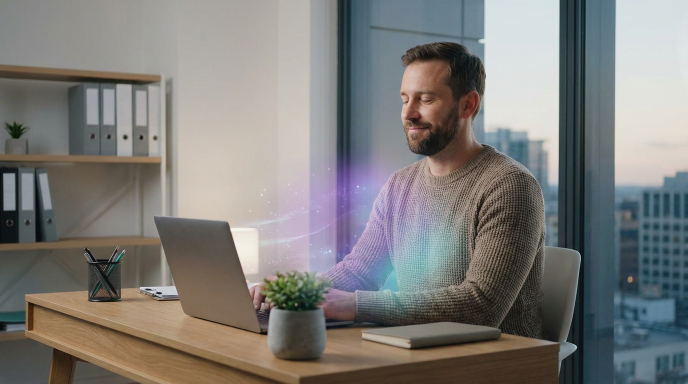 Serene professional man at modern desk with holographic AI companion presence providing calm emotional support