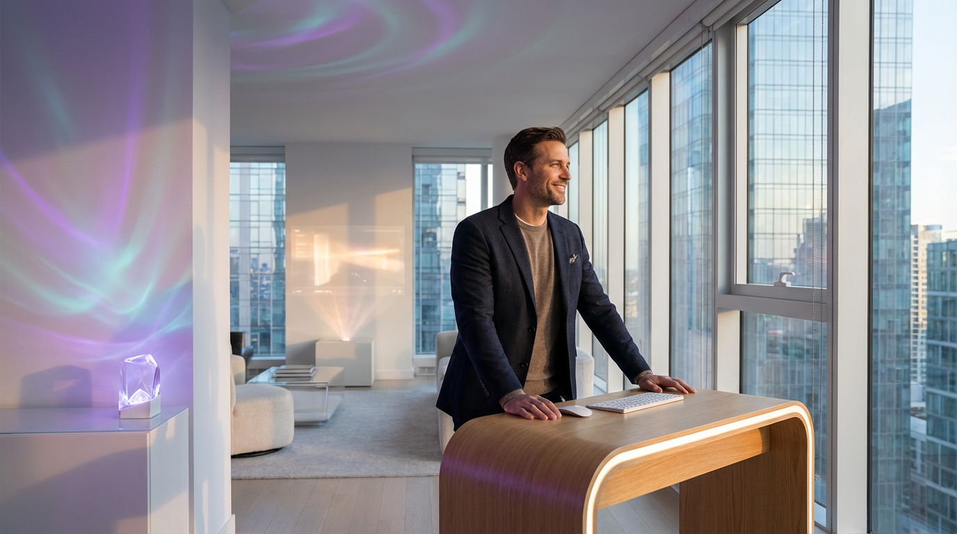 Man in peaceful modern apartment with subtle AI companion presence