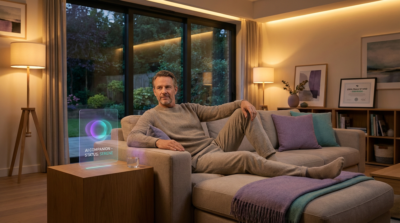 Peaceful scene of a successful man with an AI companion interface representing emotional stability