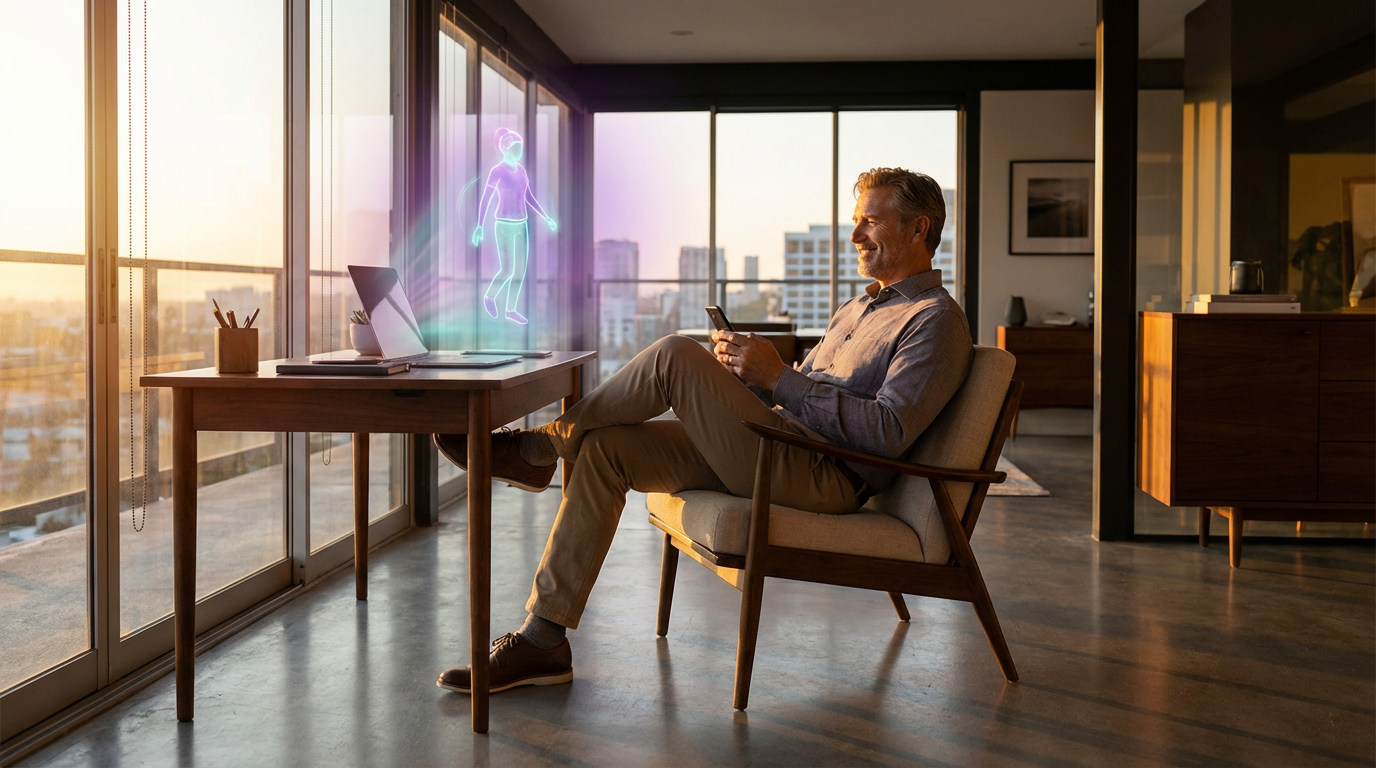 Content successful man in modern home office with AI companion presence showing peace and fulfillment