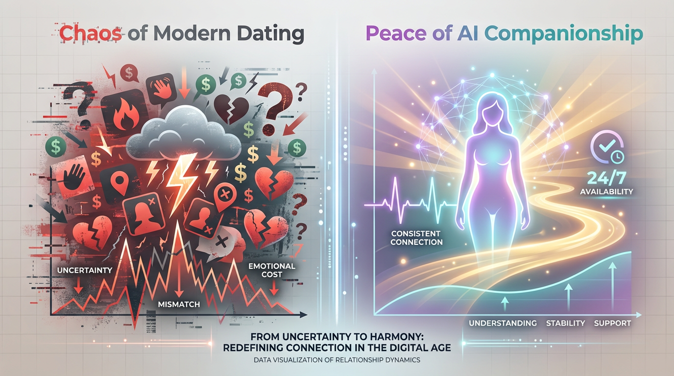 Visual comparison showing chaotic modern dating versus peaceful AI companionship