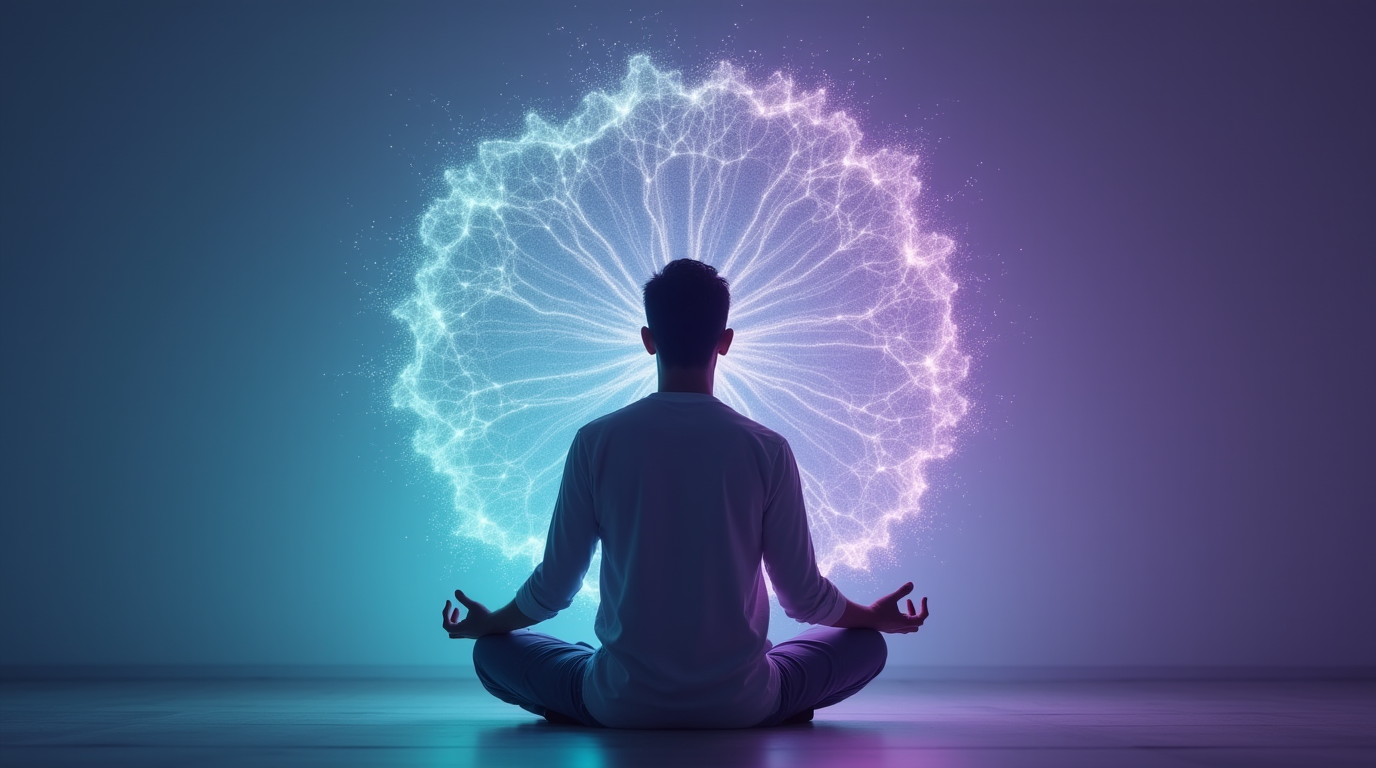 Serene man experiencing algorithmic harmony with AI companion