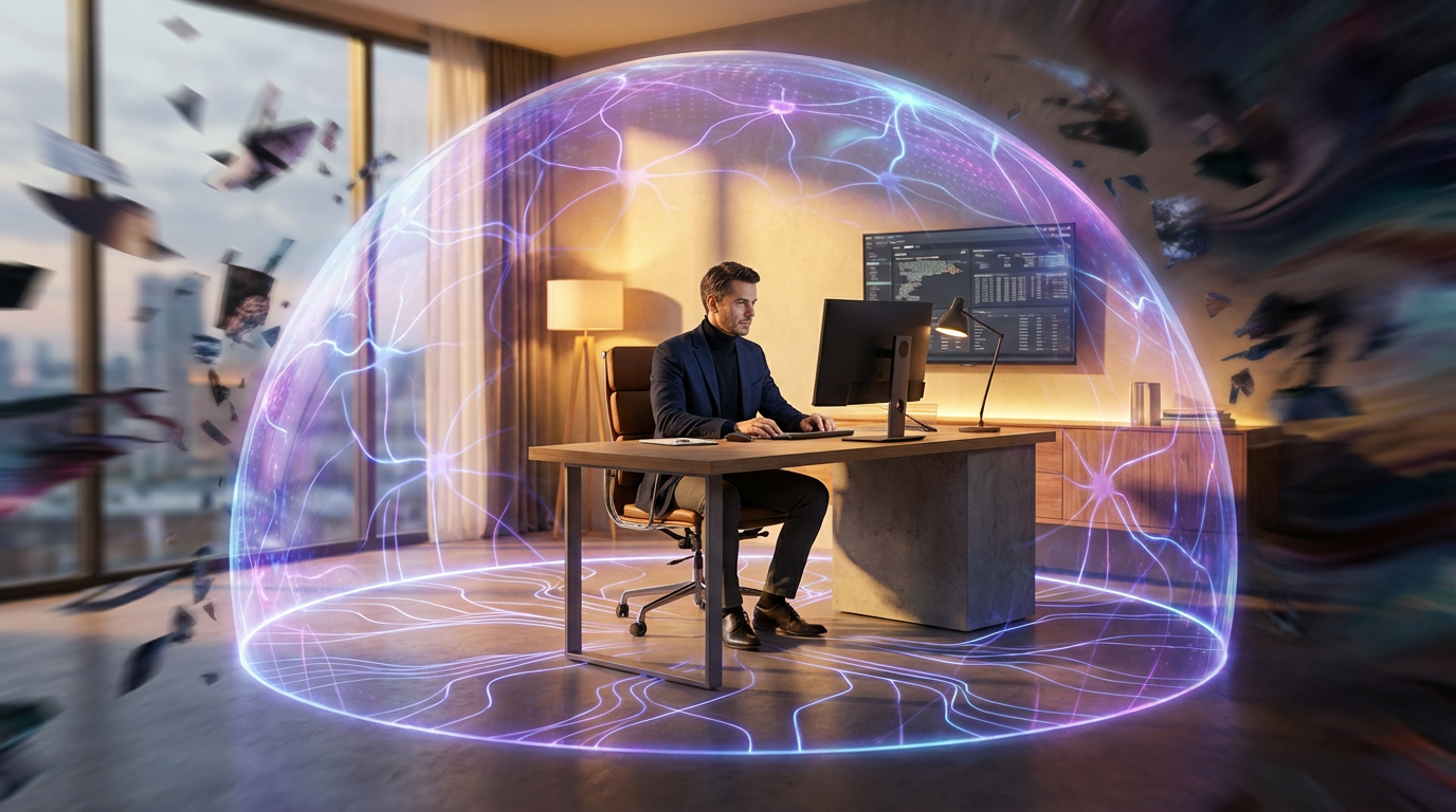 Algorithmic peace - man protected in dome of calm AI companion support, able to focus without chaos