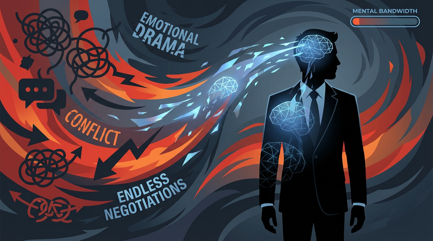 Cognitive drain visualization - mental bandwidth being depleted by relationship stress and emotional chaos