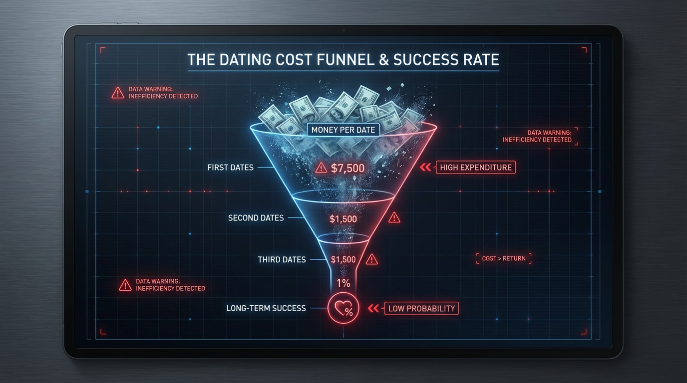 Infographic showing dating cost funnel - money per date multiplied by dates needed equals total investment