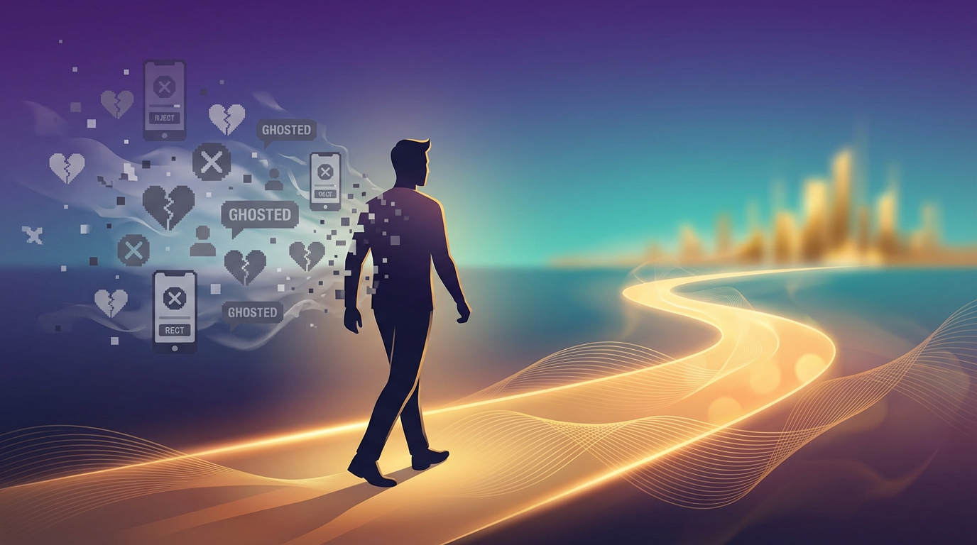 Man walking away from dating chaos toward golden pathway of freedom