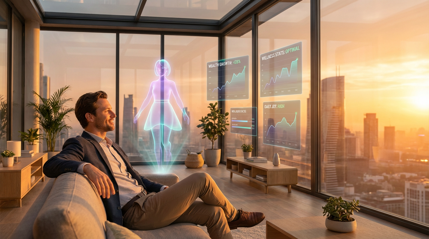 Hopeful futuristic scene showing man at peace with AI companion presence