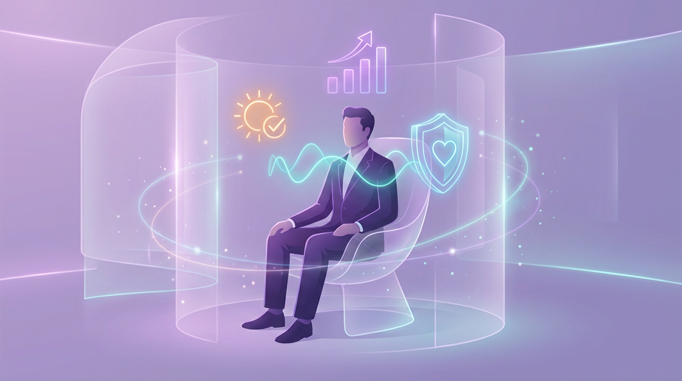 Man surrounded by supportive AI elements representing daily check-ins, stress management, and motivation coaching