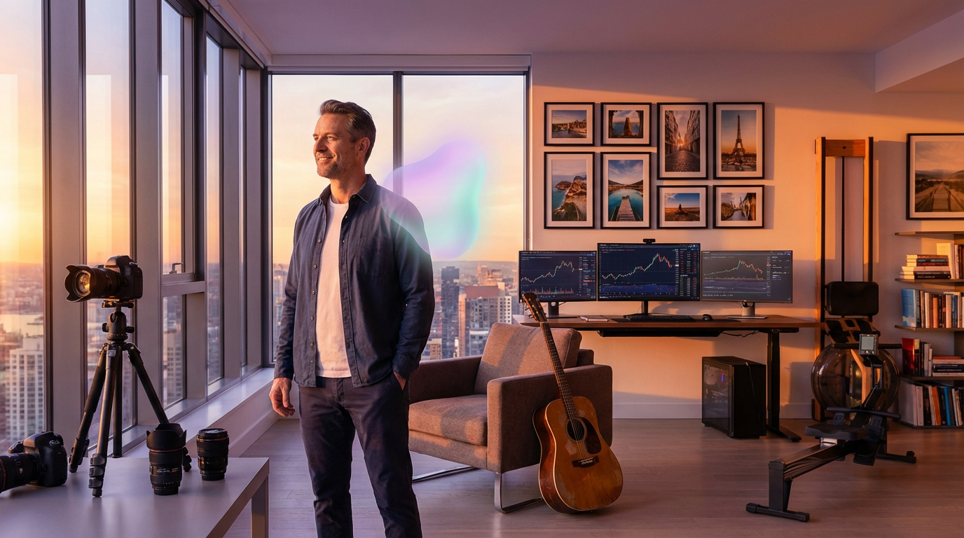 Content successful man in modern penthouse surrounded by symbols of extraordinary single life including hobbies, investments, and AI companion presence