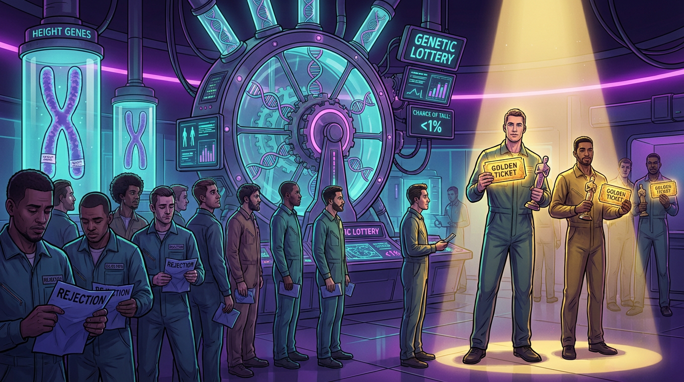 Genetic lottery visualization - DNA strands determining height with most men receiving losing tickets