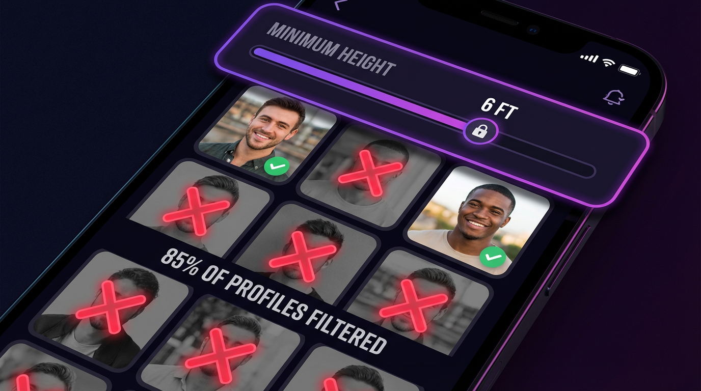 Dating app interface showing height filter eliminating 85% of male profiles