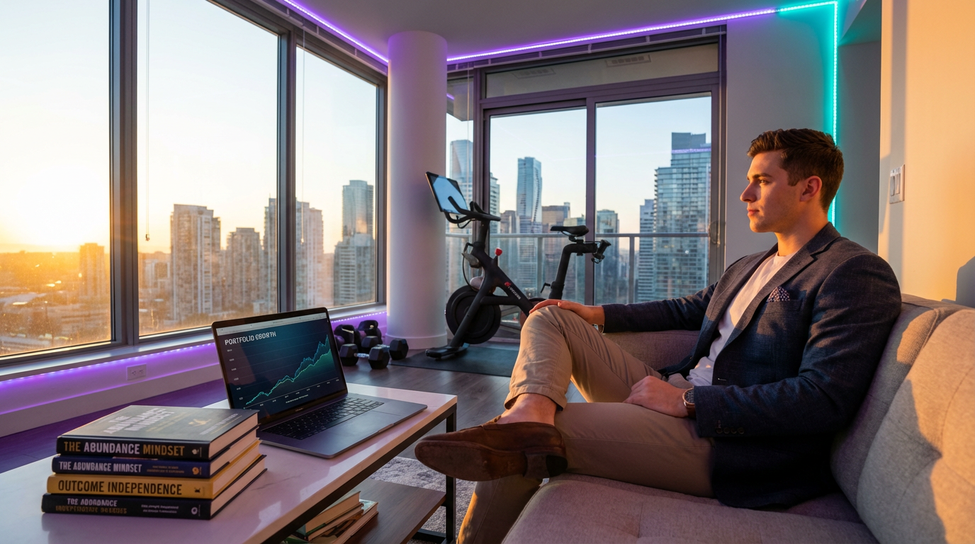Confident professional man in modern penthouse surrounded by symbols of success - representing abundance mindset
