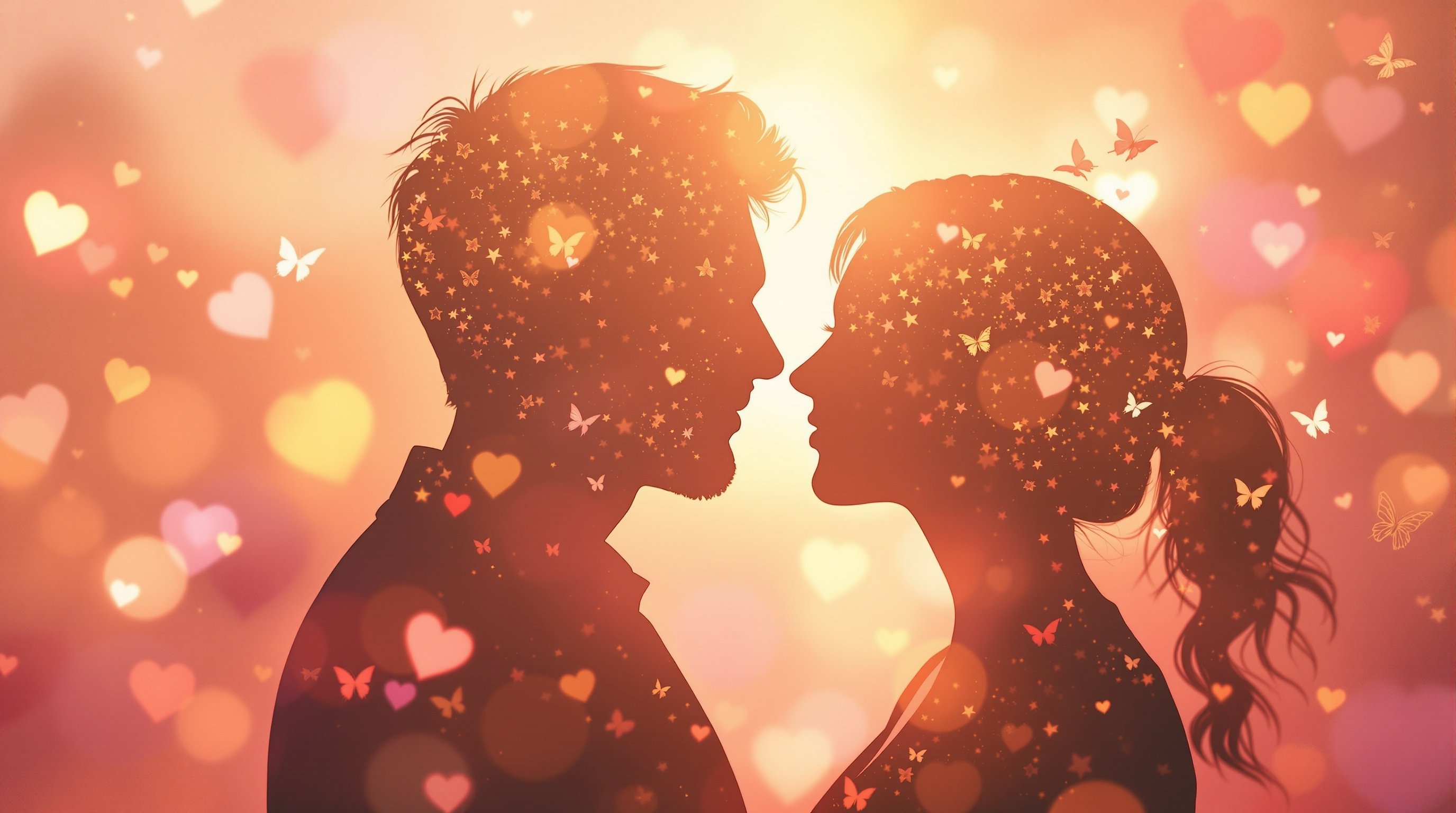 Romantic dreamy scene representing the honeymoon phase of relationships with soft pink and gold lighting