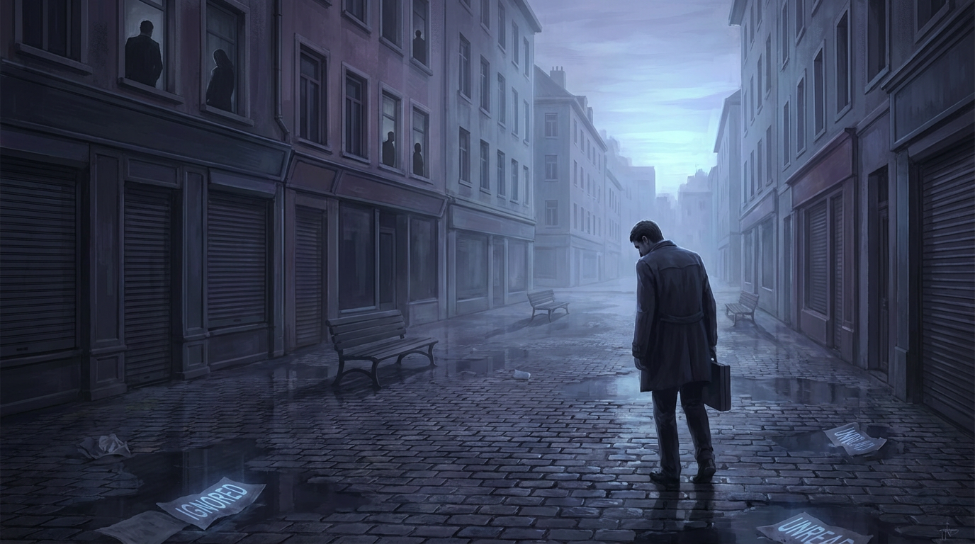 Man walking alone through empty city - visualization of societal abandonment of men