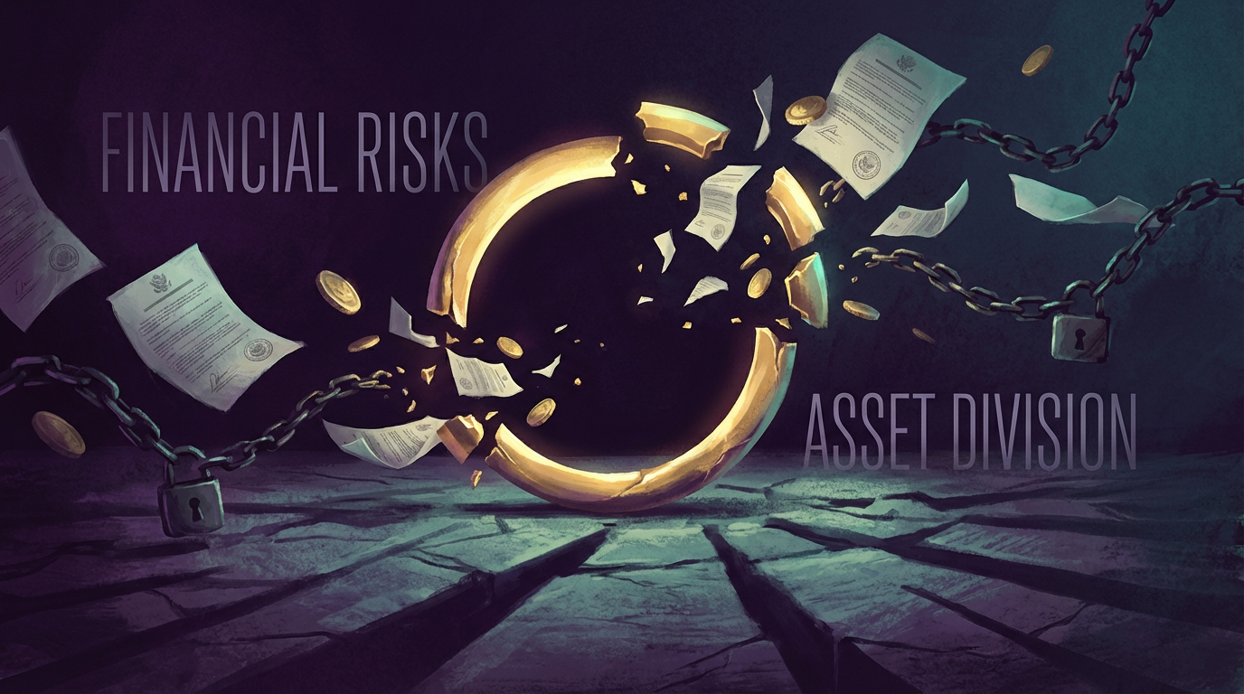 Abstract visualization of the financial risks of marriage contracts showing broken rings and scattered assets