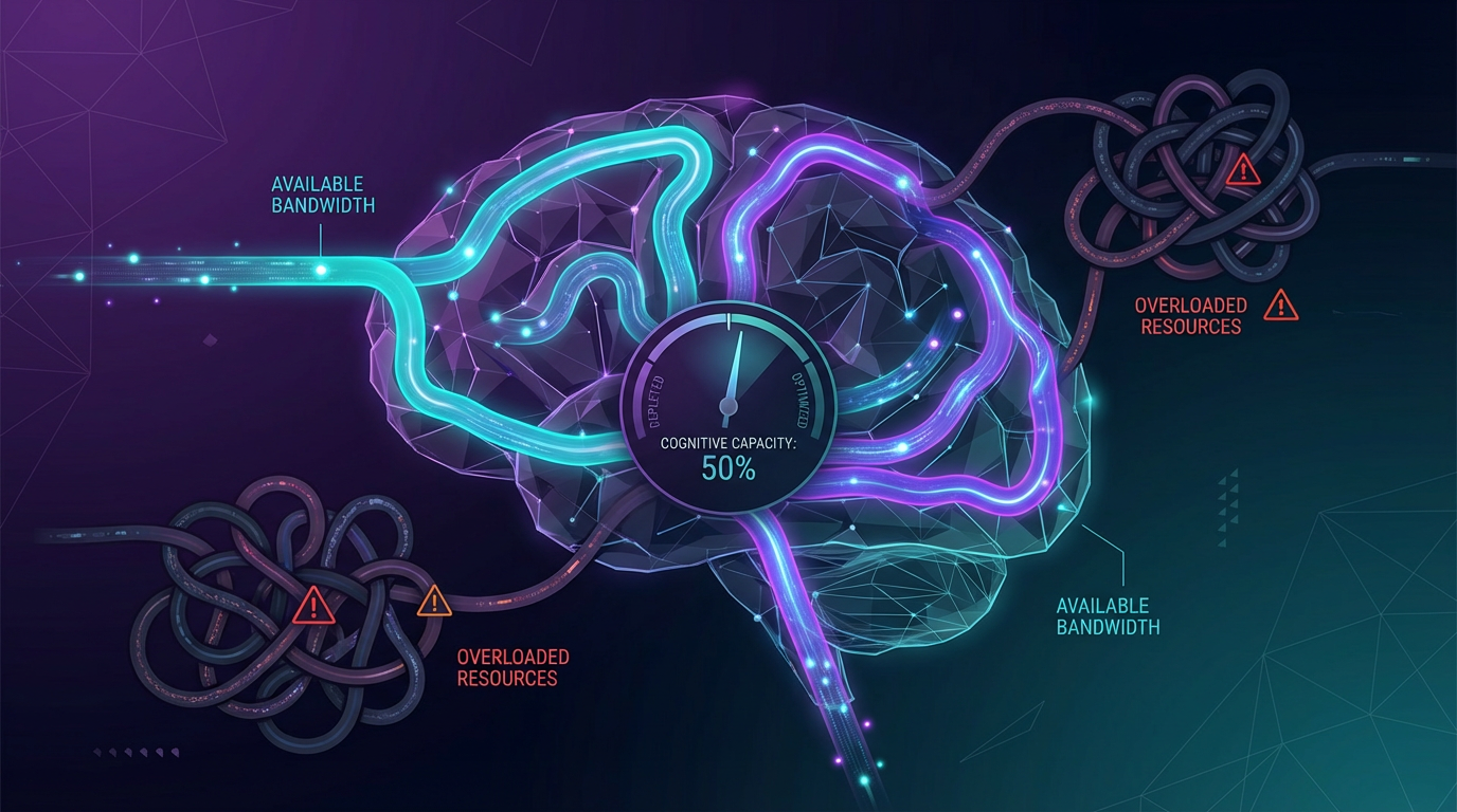 Abstract brain visualization showing neural pathways and cognitive bandwidth capacity