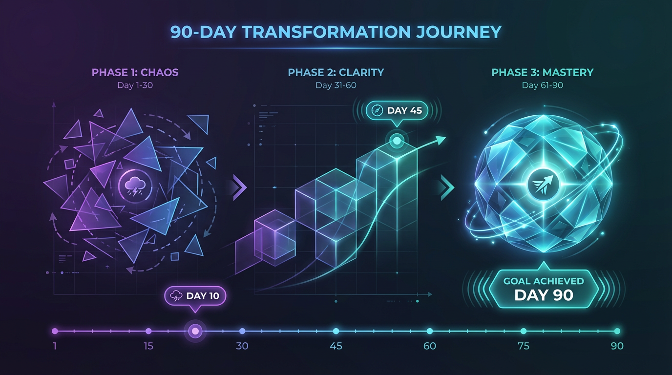 Visual representation of 90-day monk mode transformation journey - three phases from chaos to clarity to mastery