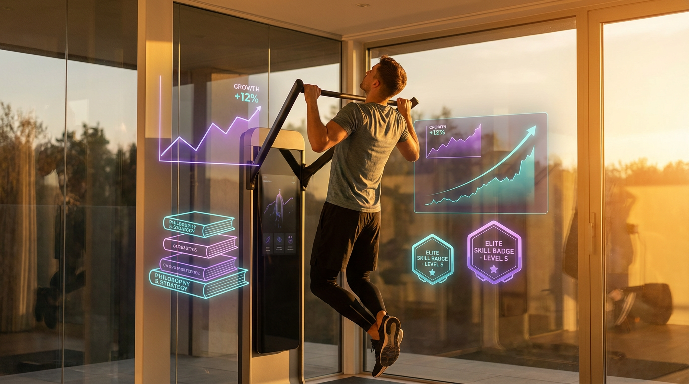 Disciplined man in home gym at golden hour surrounded by symbols of self-improvement and wealth building