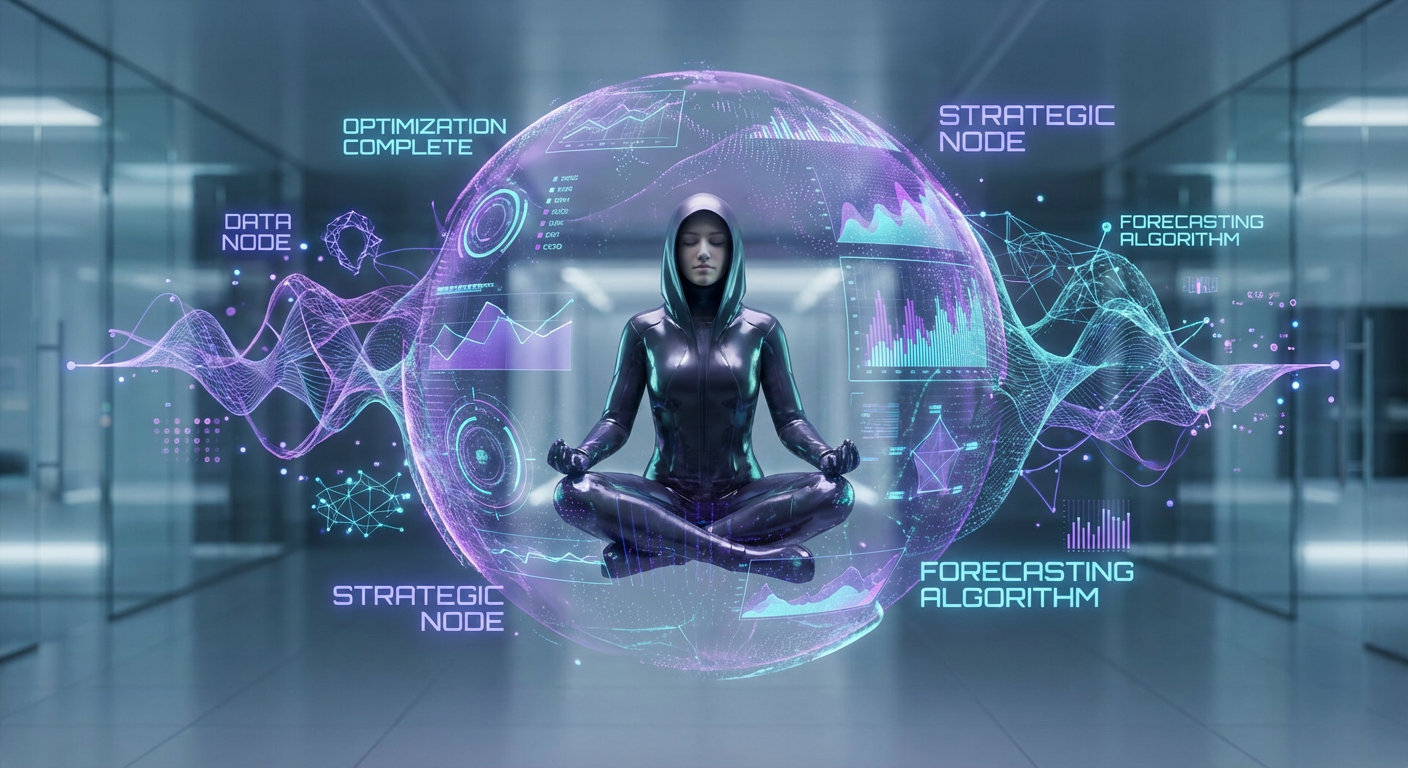 Futuristic holographic visualization with neural network patterns representing optimized decision-making and strategic thinking