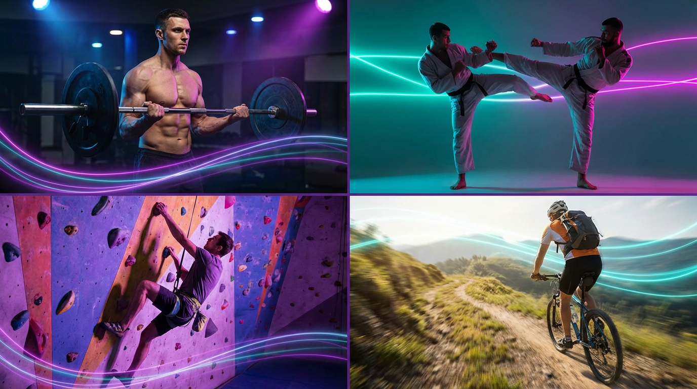 Dynamic split-scene showing masculine physical hobbies including weight training, martial arts, rock climbing, and cycling