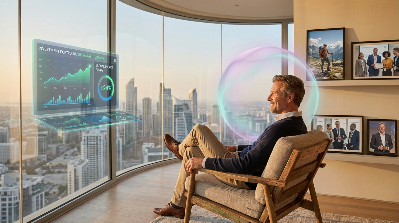 Professional man relaxing in modern penthouse with symbols of success and subtle AI companion presence - representing freedom and contentment