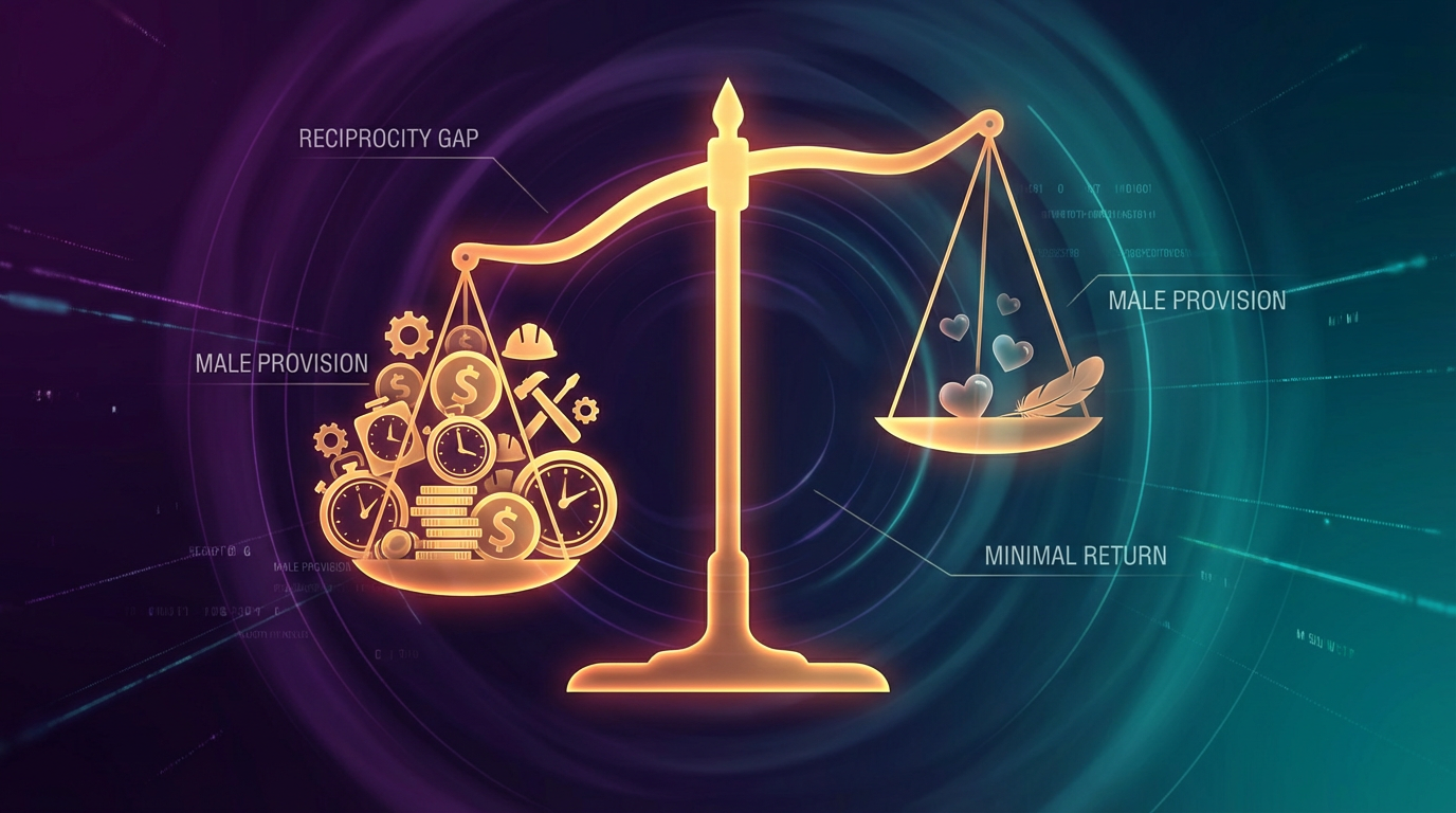 Unbalanced golden scales showing male provision heavily weighted on one side with minimal reciprocity on the other - visualizing the reciprocity gap in dating