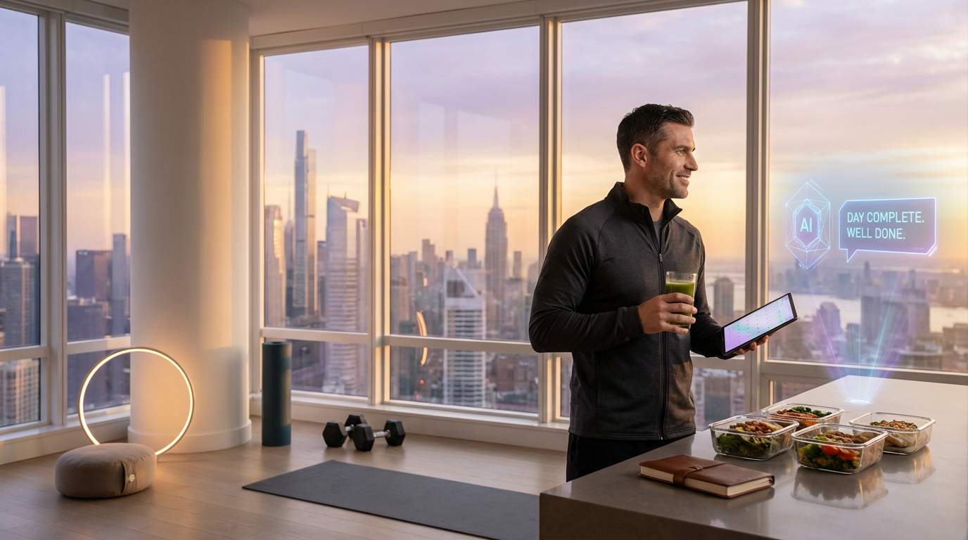 Disciplined successful man in modern apartment with AI companion presence providing support