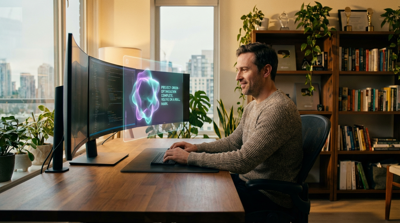 Man in modern home office with AI companion interface, focused and successful in flow state