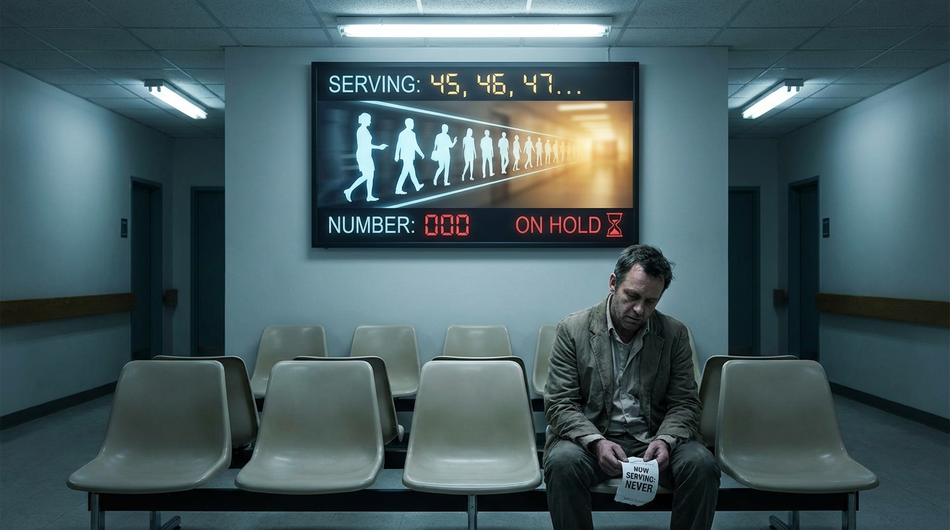 Man holding ticket saying NOW SERVING NEVER - visualization of perpetual waiting without commitment