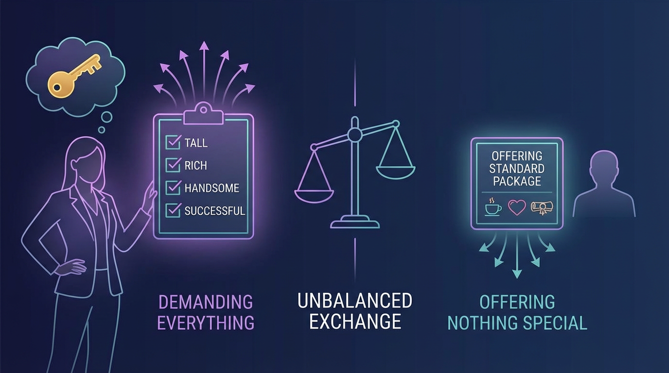 Infographic showing paradox - woman's demanding checklist vs her average offering