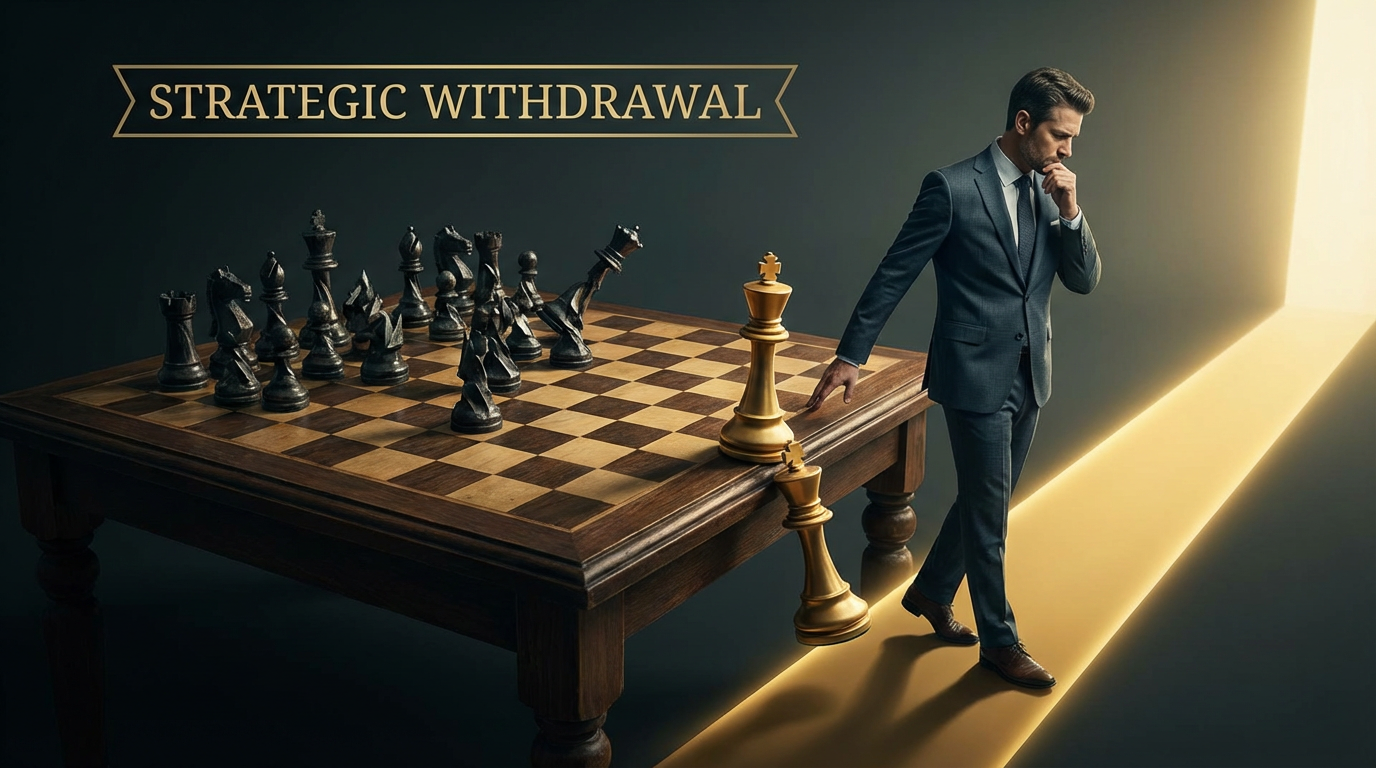 Chess board with man refusing to play rigged game - king piece walking toward freedom