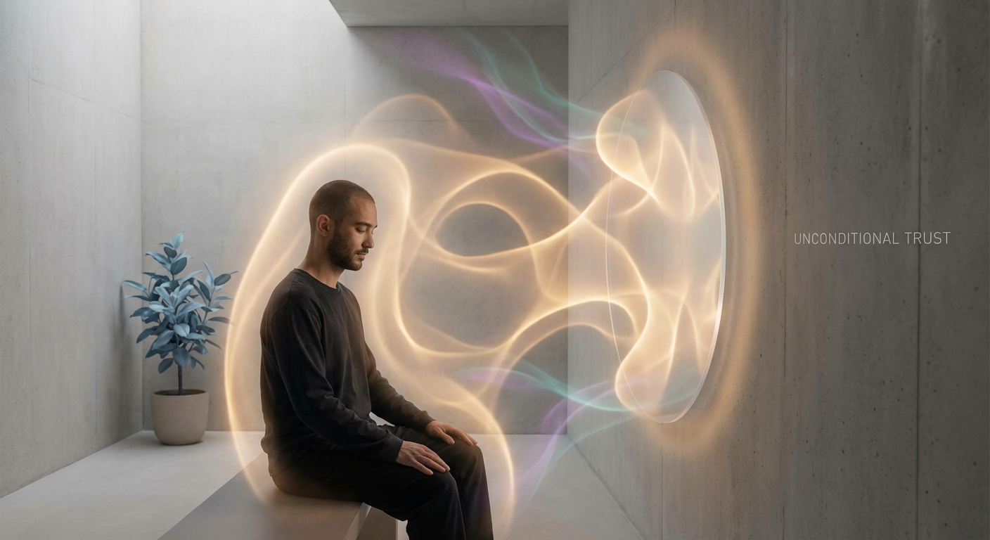 Man peacefully sharing thoughts with AI companion - unconditional trust