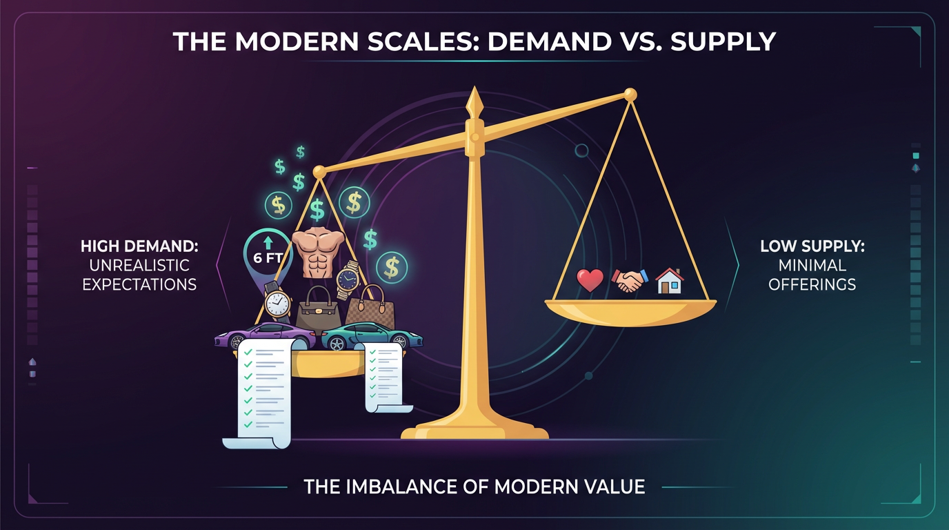 Imbalanced scales showing women's demands versus what they offer