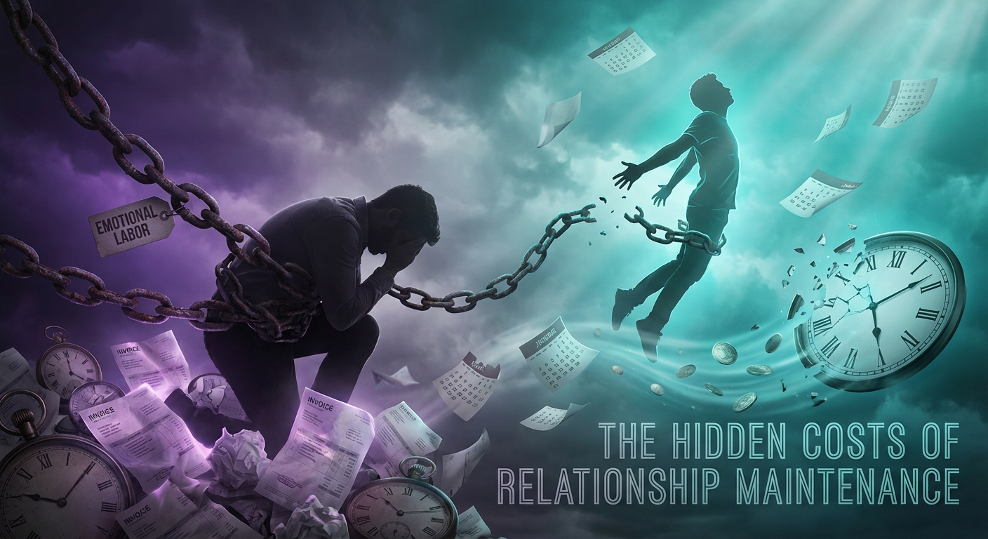 Abstract concept art showing a man breaking free from chains of relationship maintenance costs - calendars, clocks, and invoices representing the Upkeep Tax