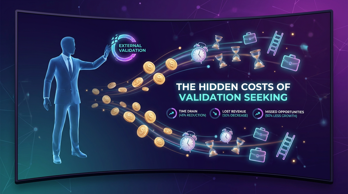 Data visualization showing hidden costs of validation seeking - financial, time, and opportunity costs flowing away from a businessman