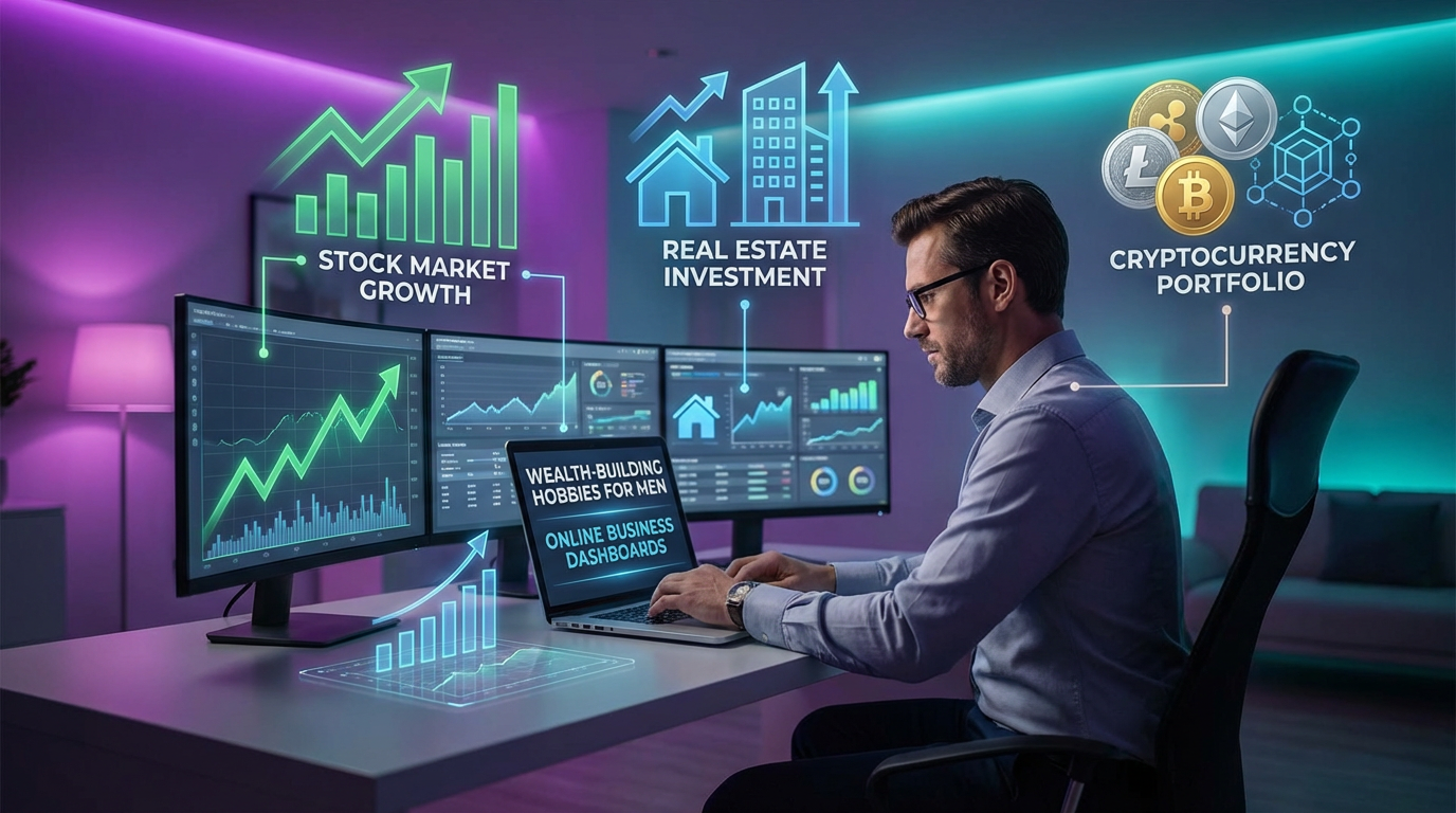Sophisticated visualization of wealth-building hobbies including stock charts, real estate, and online business dashboards